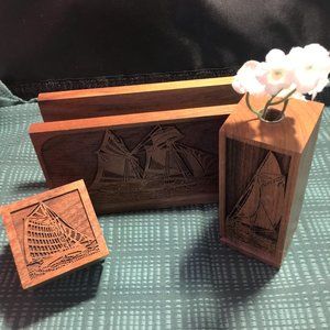 Nautical Desk Set Wooden - Postage Stamp Box, Vase and Letter or Napkin Holder
